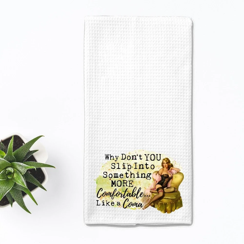 Vintage Pin Up Girl Waffle Weave Kitchen Towel White Sarcastic Coma Humor
